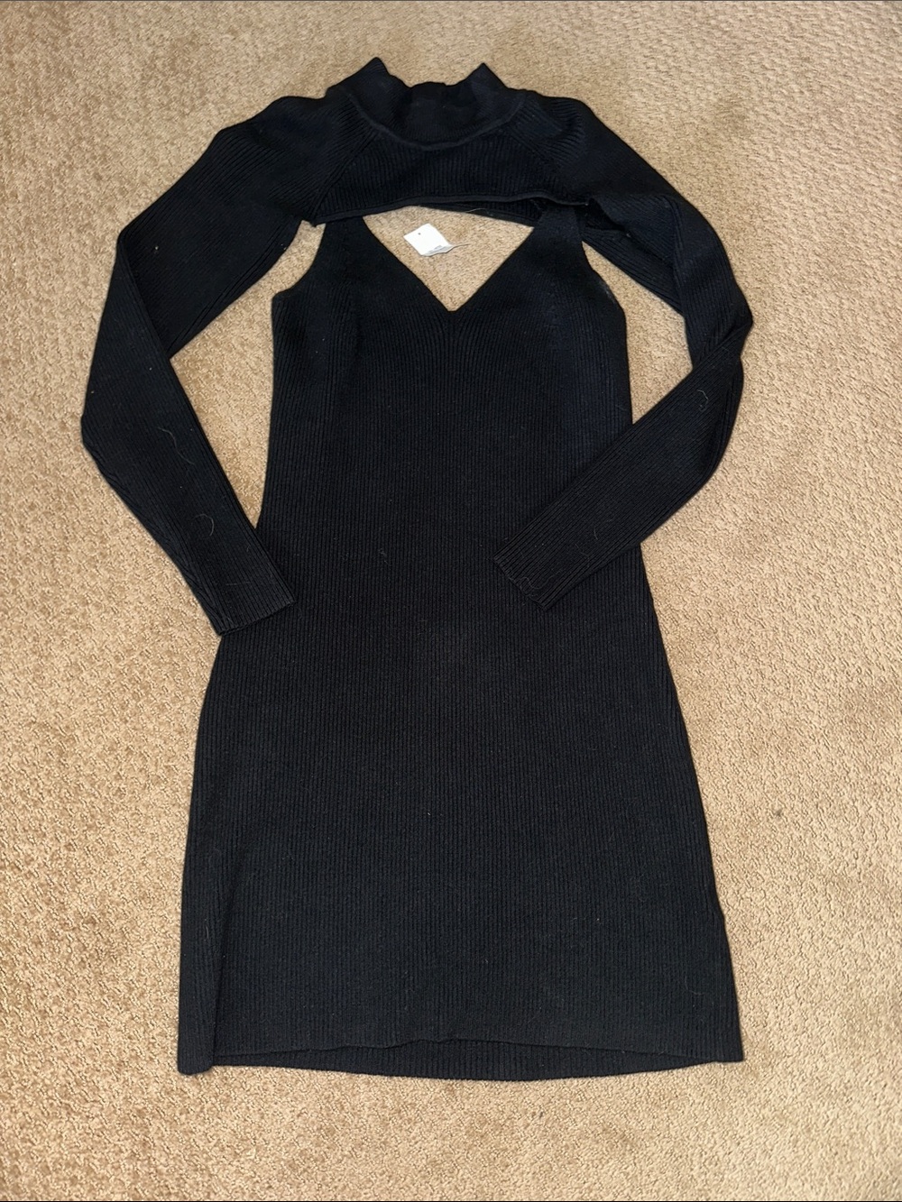 Abercrombie & Fitch Black Ribbed V-Neck Long Sleeve Dress with Mock Neck Shrug